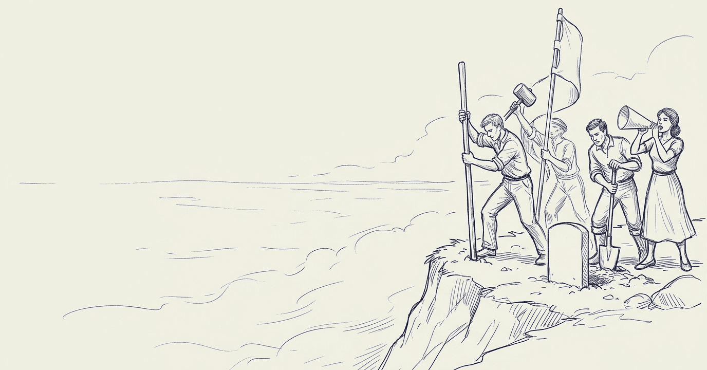 A crew planting a canvas banner on a stone at the cliff edge