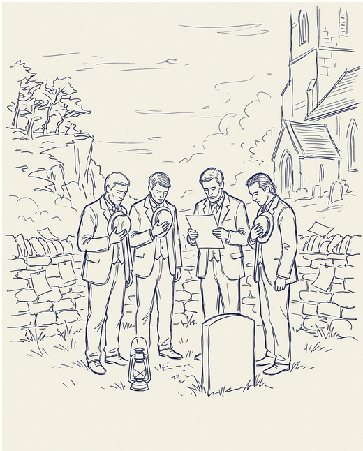 A crew with hats off at a grey stone by lantern light